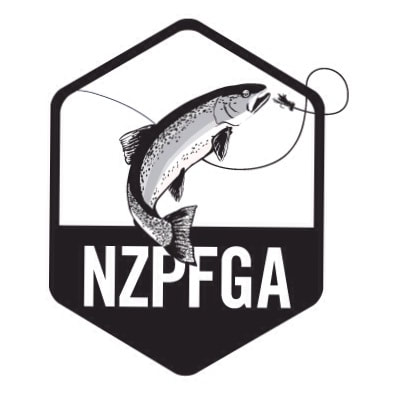NZPFGA logo featuring a stylized trout leaping toward a fly, representing the New Zealand Professional Fly Fishing Guides Association